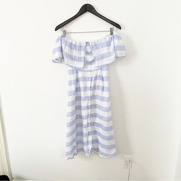 Lulu’s Blue Ivory “Transatlantic Voyage” Off The Shoulder Striped Mini Dress - Picture 8 of 15